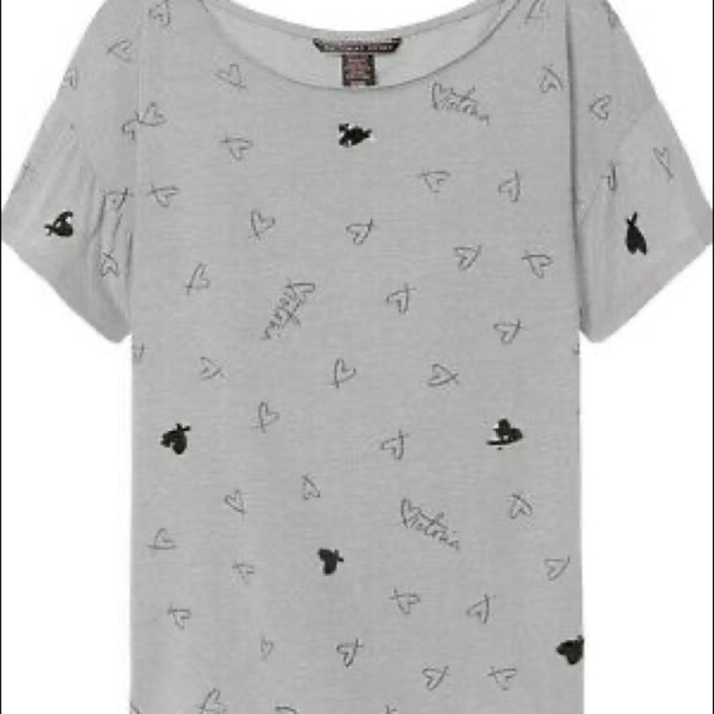 Victorias Secret Bling Hearts Logo Graphic Tee T-Shirt Top Gray M Ruffle Sleeve